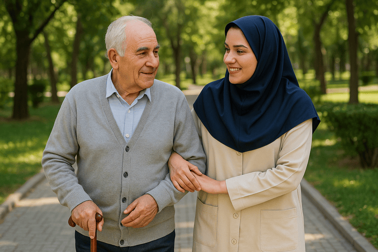 پرستار در حال قدم زدن با سالمند در محوطه سبز و آرام خانه سالمندان اقاقیا – همراهی با احترام و لبخند»
