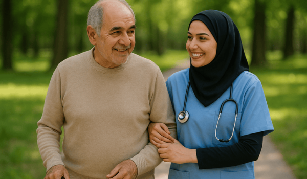 لبخند سالمند و پرستار در خانه سالمندان شرق تهران – مراقبت دلسوزانه در محیطی شاد