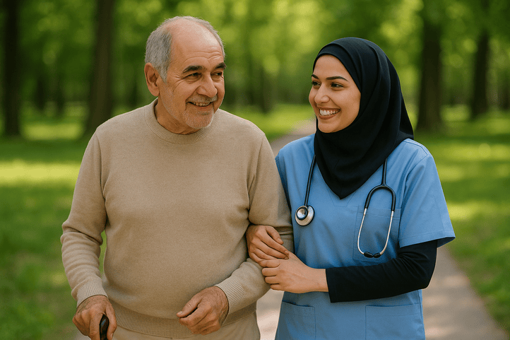 لبخند سالمند و پرستار در خانه سالمندان شرق تهران – مراقبت دلسوزانه در محیطی شاد