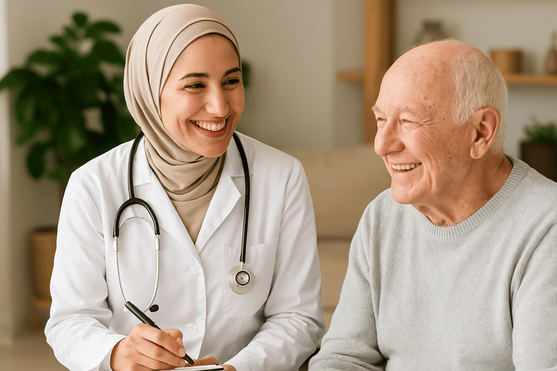 پزشک در حین معاینه در خانه سالمندان اقاقیا