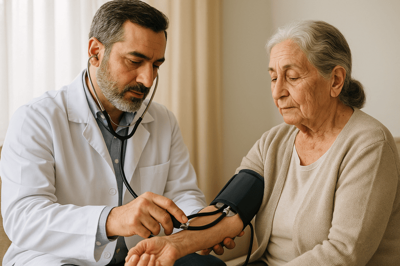 پزشک متخصص در حال بررسی سلامت سالمند در خانه سالمندان اقاقیا