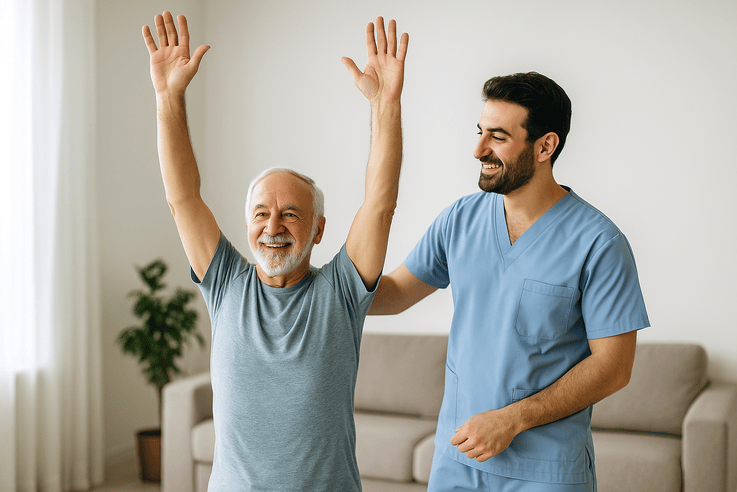 سالمند با کمک مربی در حال انجام تمرینات کششی و حرکتی در خانه سالمندان اقاقیا