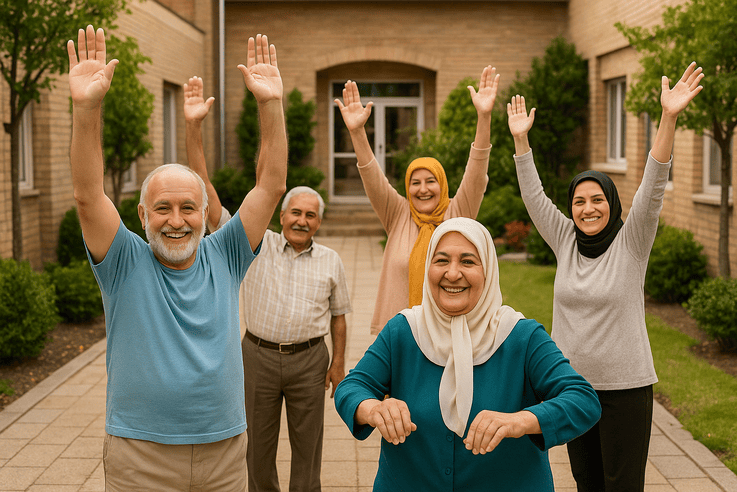 سالمندان در حال انجام ورزش‌های گروهی سبک در خانه سالمندان اقاقیا