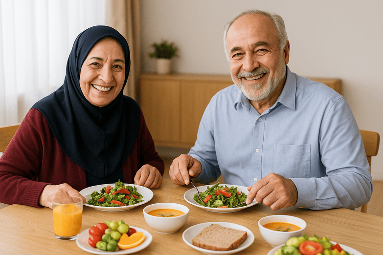 سالمندان در حال صرف غذای سالم با لبخند در خانه سالمندان اقاقیا