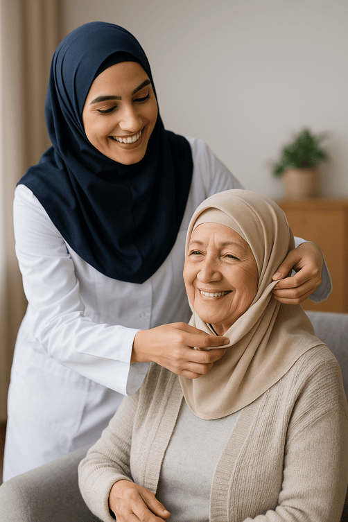 پرستار در حال کمک به سالمند برای آراستگی در خانه سالمندان اقاقیا