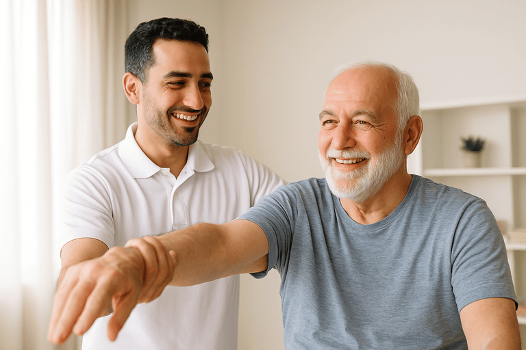 فیزیوتراپیست در حال کمک به سالمند برای تمرین تعادلی در خانه سالمندان اقاقیا