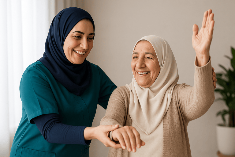 فیزیوتراپیست در حال فیزیوتراپی تخصصی با سالمند در خانه سالمندان اقاقیا