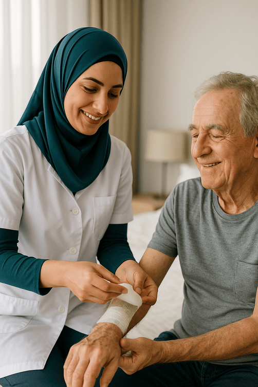 پرستار در حال کمک به سالمند پس از جراحی در خانه سالمندان اقاقیا