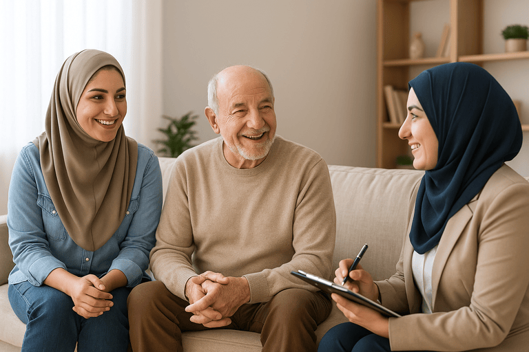 جلسه مشاوره خانوادگی با حضور سالمند و اعضای خانواده در خانه سالمندان اقاقیا
