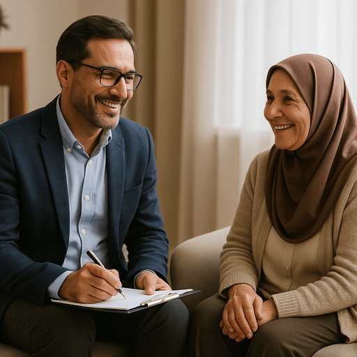 روانشناس در حال گفت‌وگو با سالمند در خانه سالمندان اقاقیا