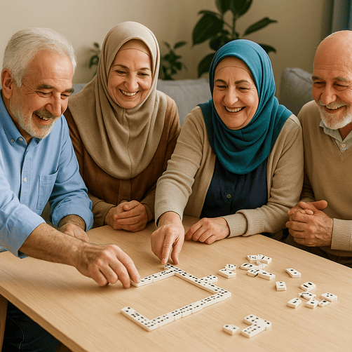 چند سالمند نشسته دور هم در حال گفتگو و بازی گروهی در خانه سالمندان اقاقیا