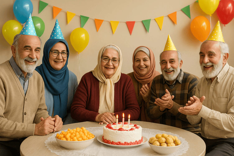 گروهی از سالمندان در حال جشن و گردهمایی شاد در خانه سالمندان اقاقیا