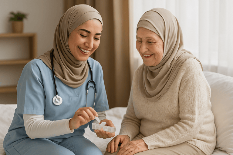 سالمند مبتلا به بیماری خاص در حال دریافت خدمات توانبخشی یا چکاپ توسط پرستار در خانه سالمندان اقاقیا