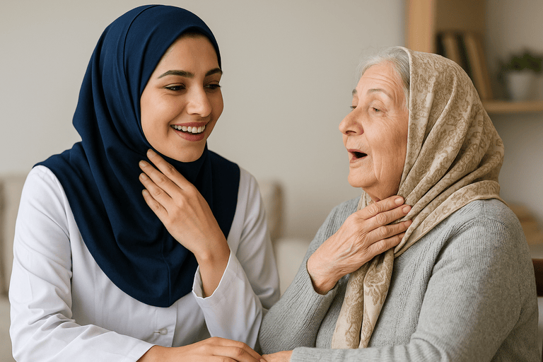 گفتاردرمانگر در حال تمرین با سالمند برای بهبود گفتار در خانه سالمندان اقاقیا